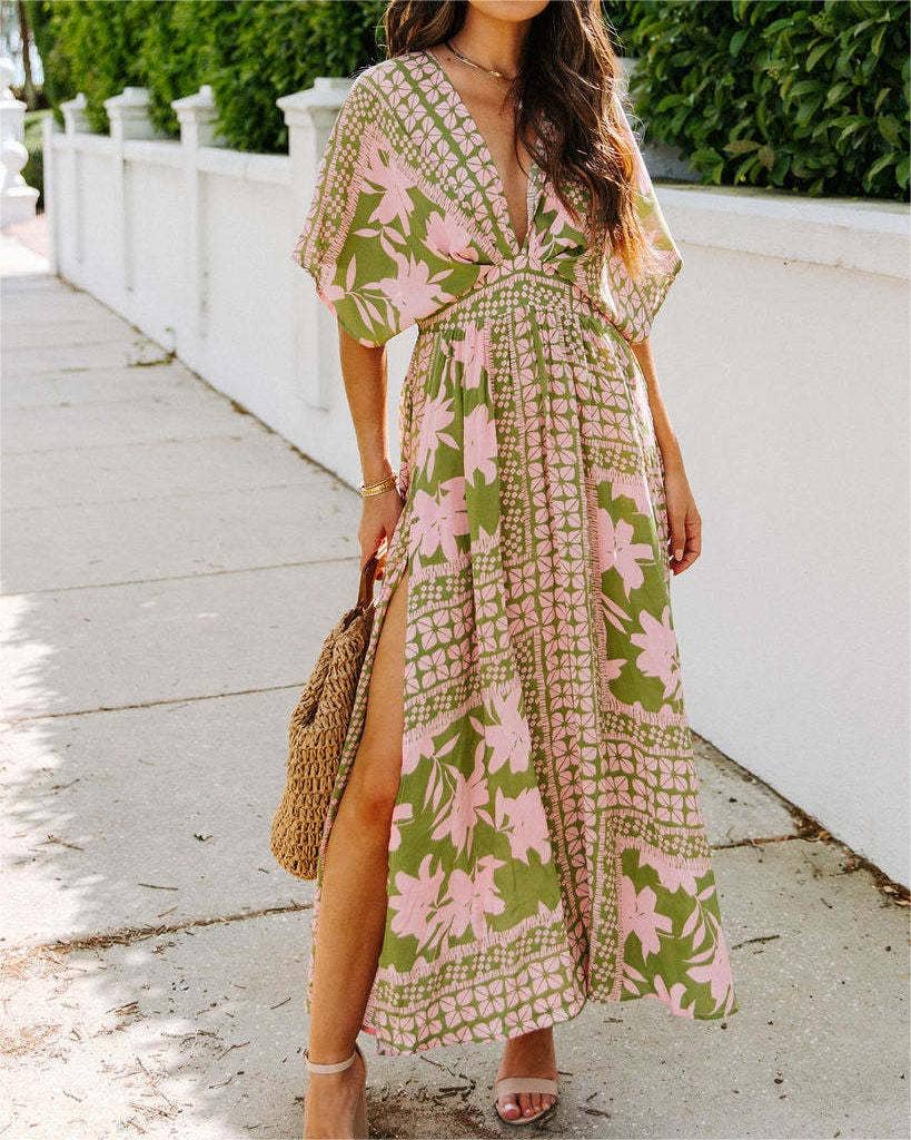V-neck printed high-waist dress
