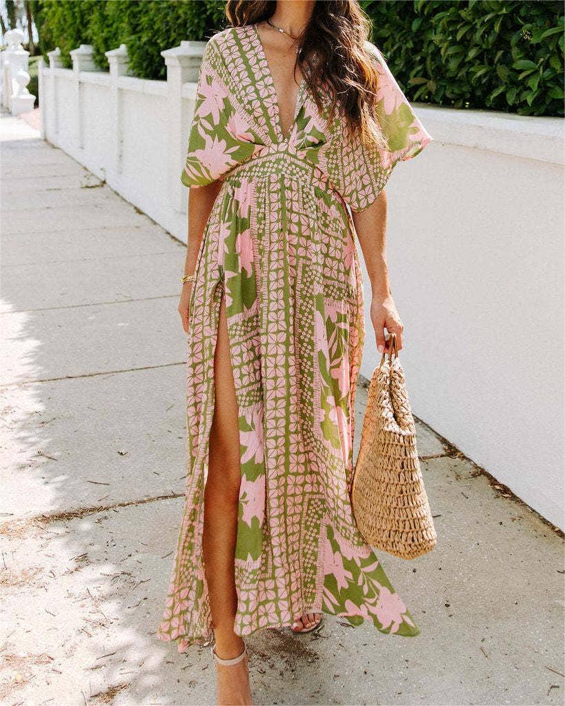 V-neck printed high-waist dress