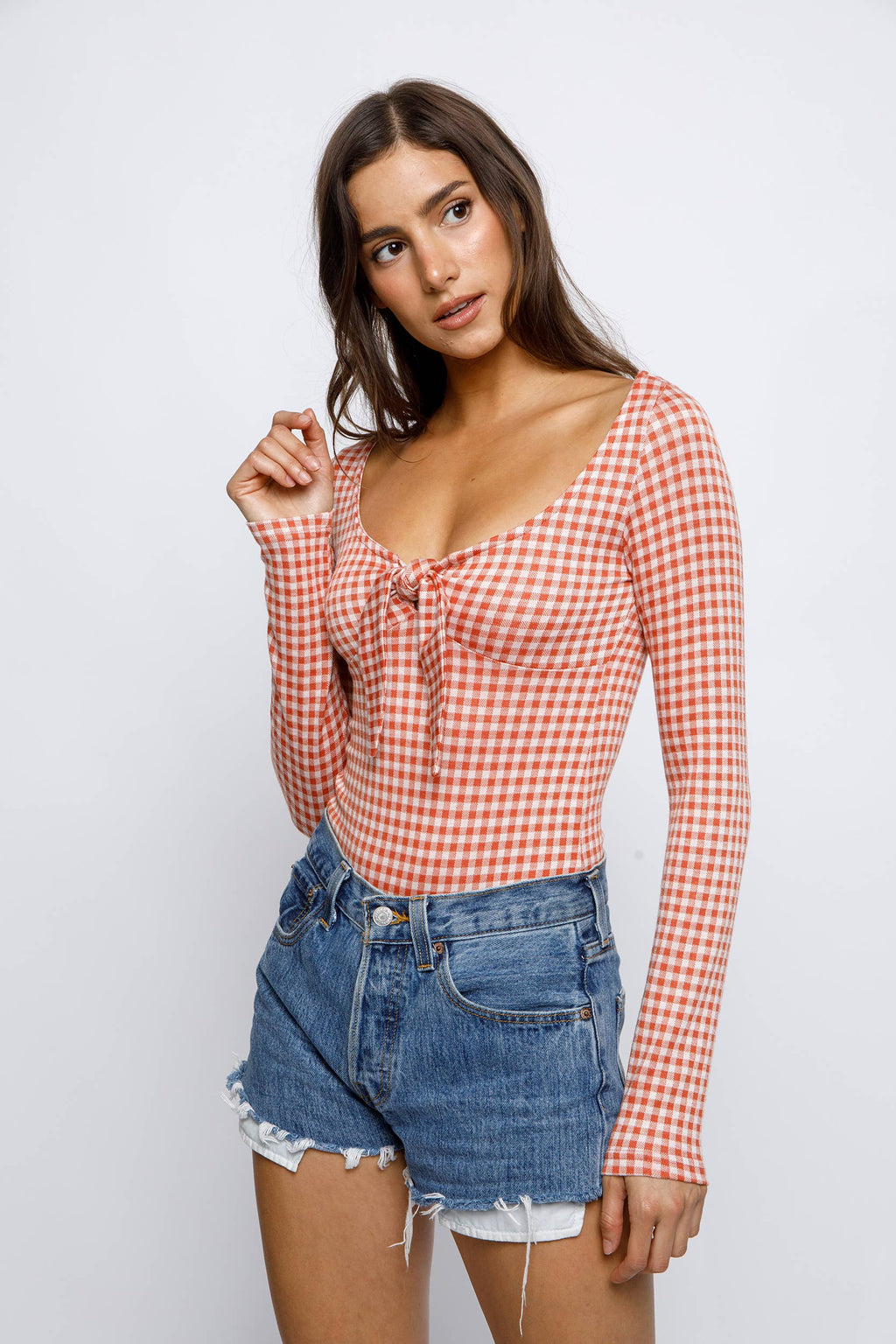 GINGHAM PRINT BOW BODYSUIT