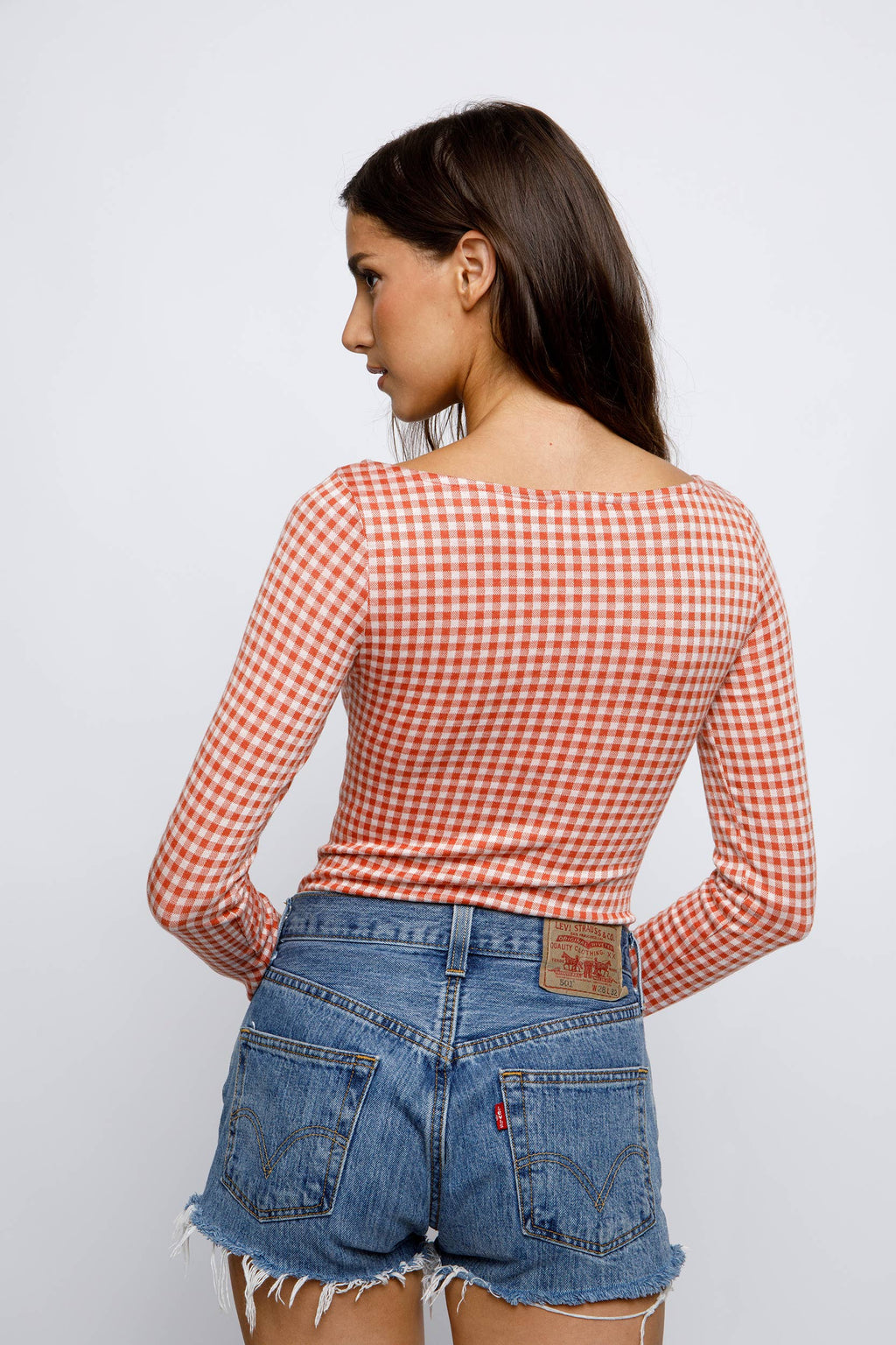 GINGHAM PRINT BOW BODYSUIT