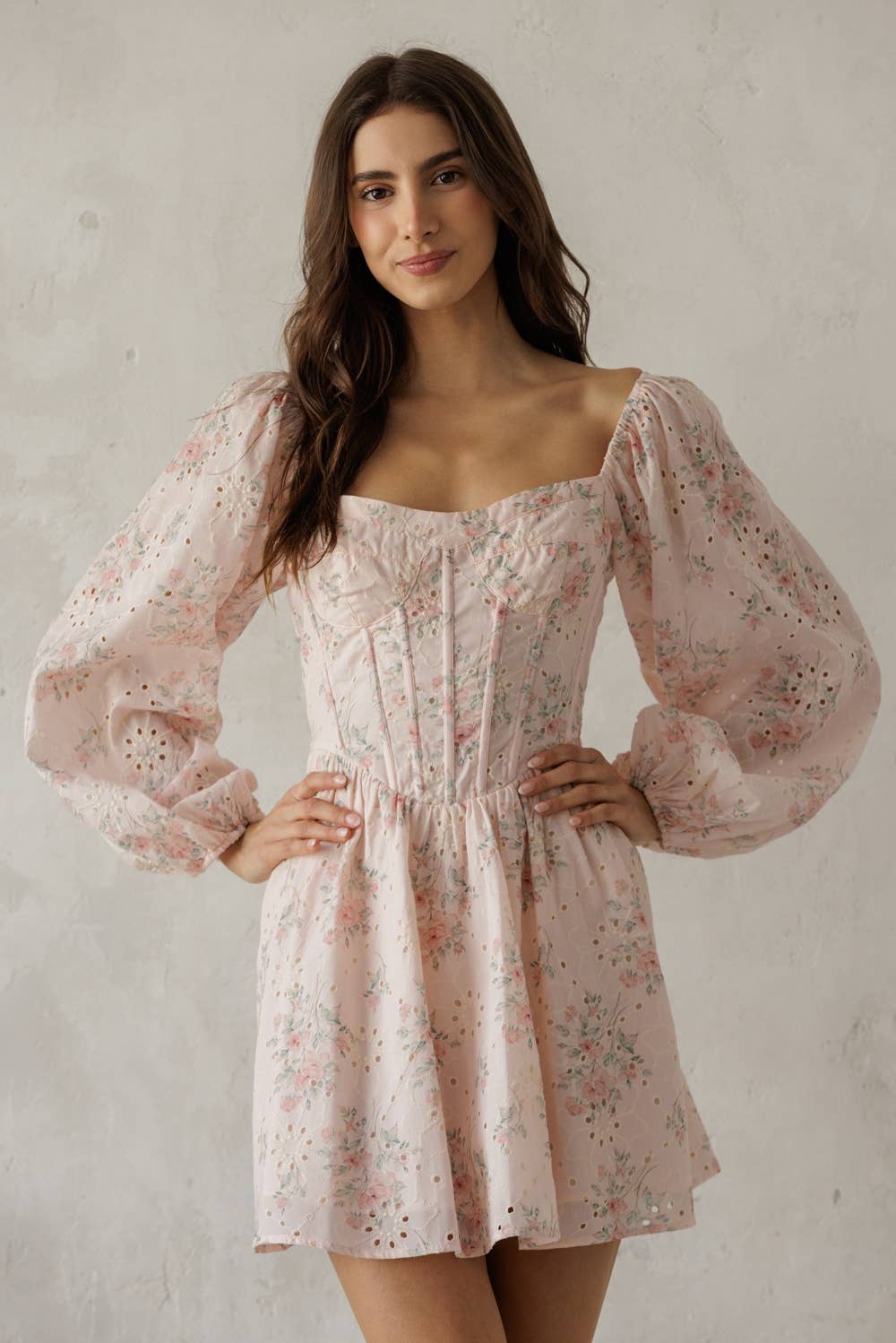 FLORAL CORSET LONG SLEEVE MINI DRESS