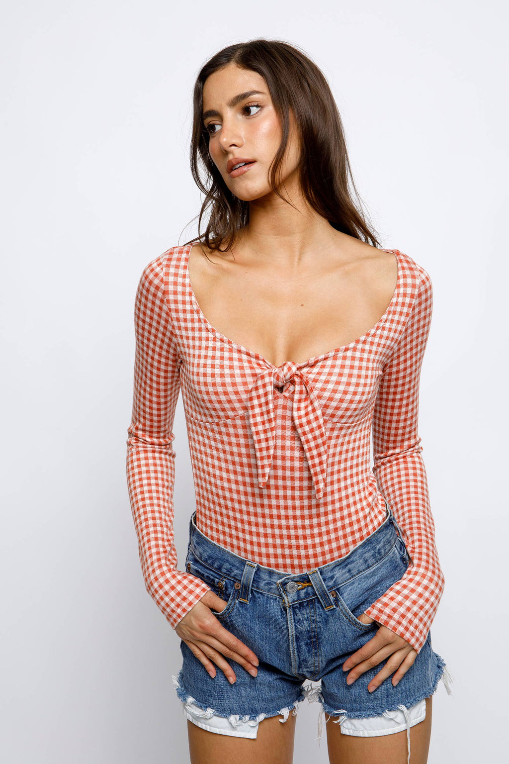 GINGHAM PRINT BOW BODYSUIT