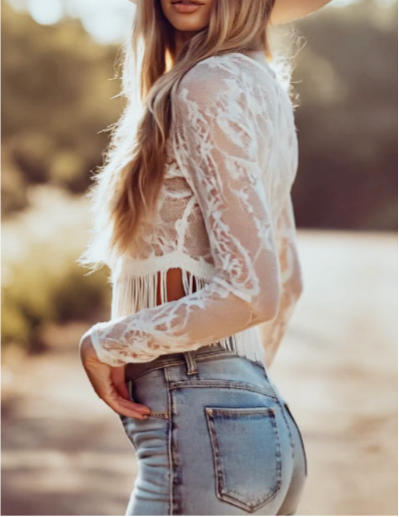 Boho lace blouse slim long-sleeve fringe crop top