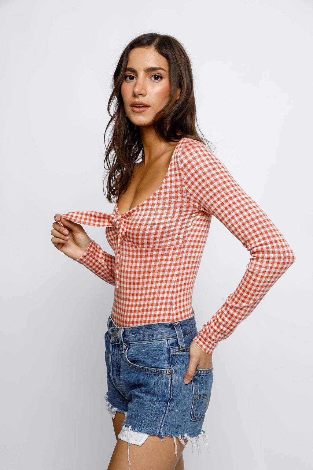 GINGHAM PRINT BOW BODYSUIT