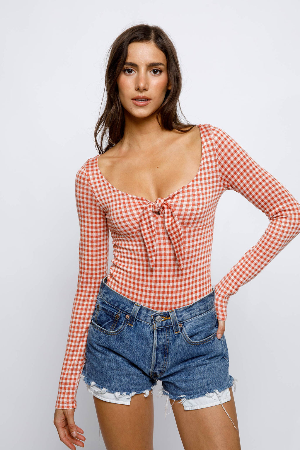GINGHAM PRINT BOW BODYSUIT