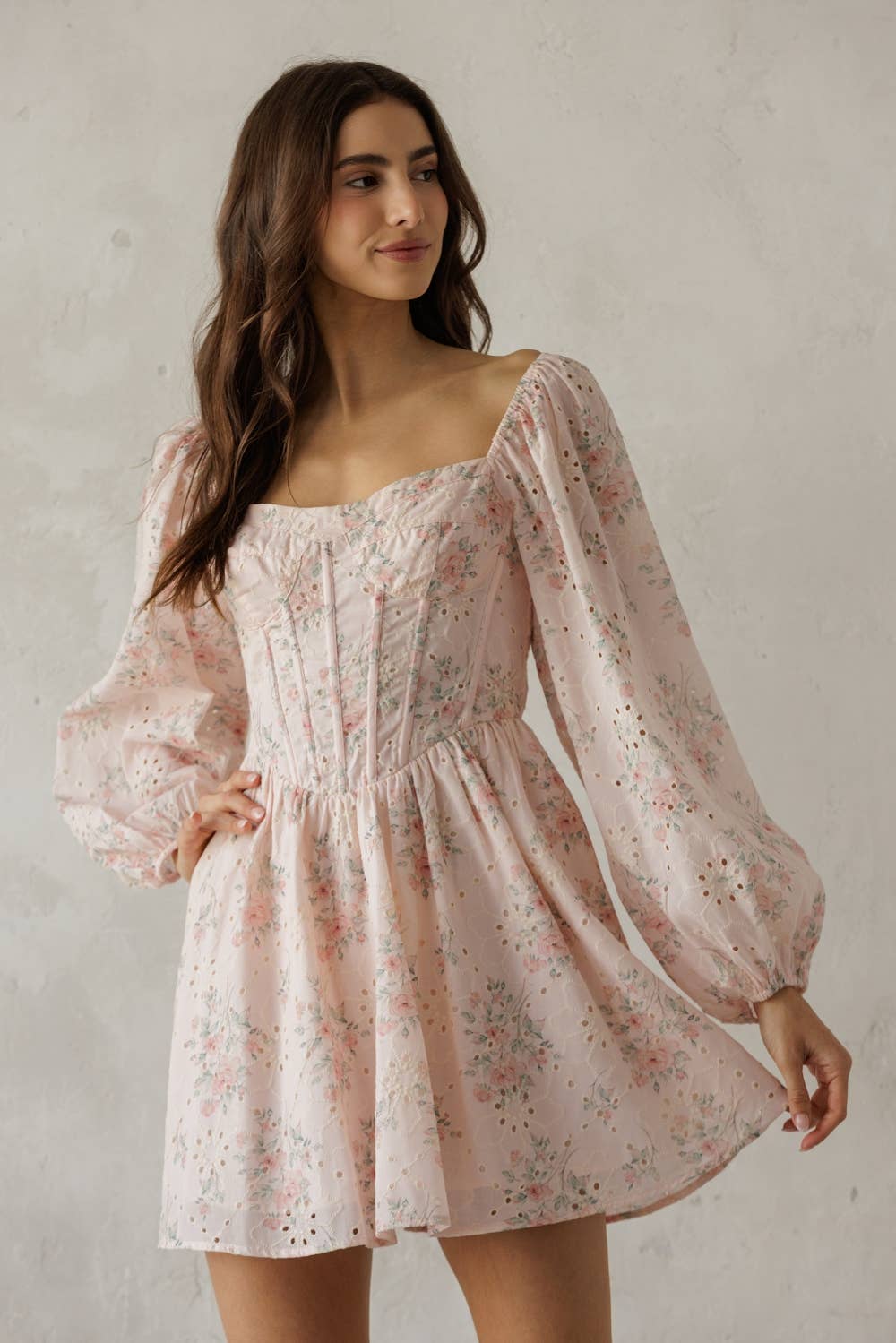 FLORAL CORSET LONG SLEEVE MINI DRESS