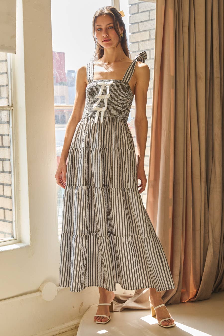Striped Sleeveless Tired Midi Dress
