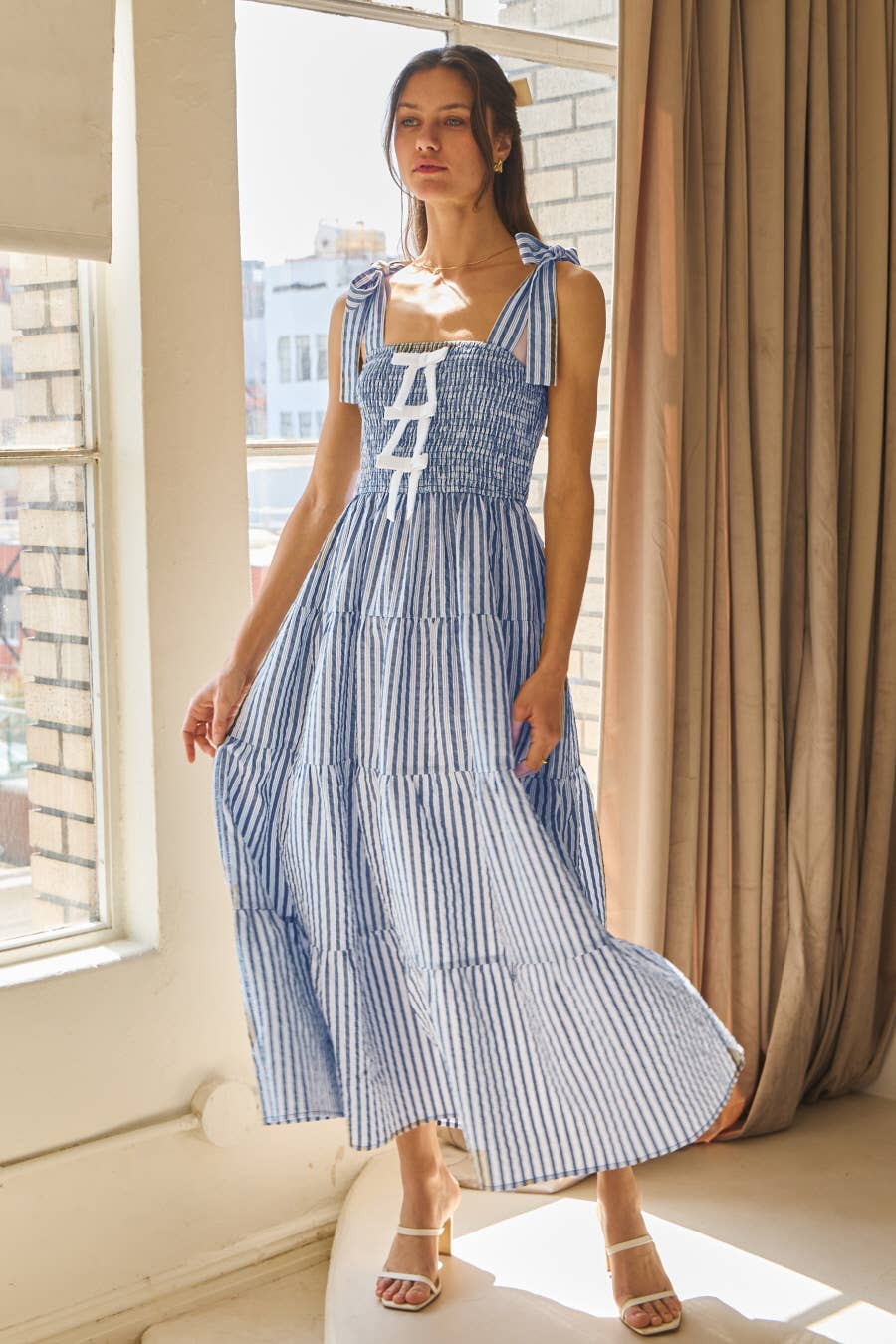 Striped Sleeveless Tired Midi Dress